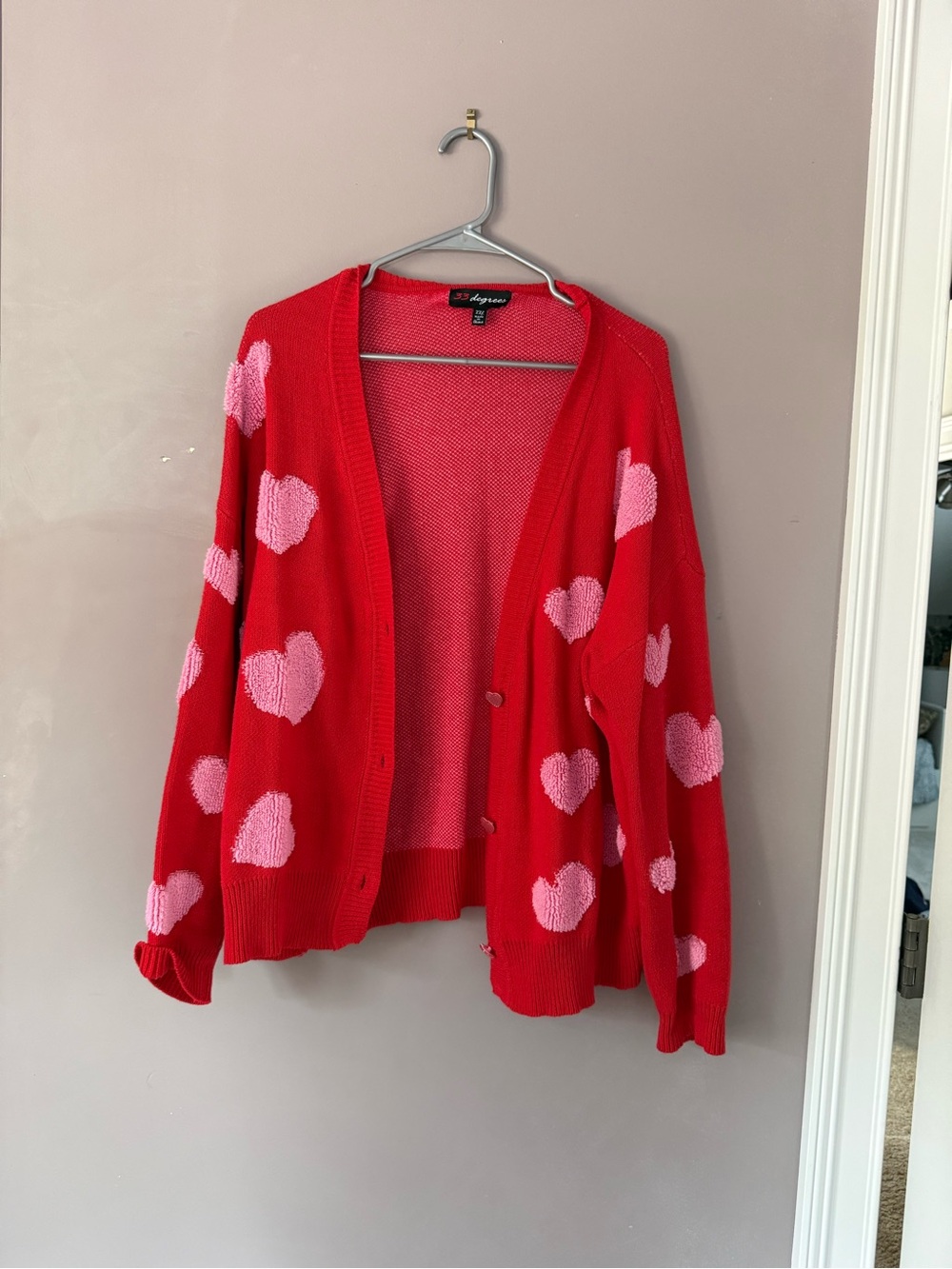 Red Open-Front Cardigan with Pink Heart Motif